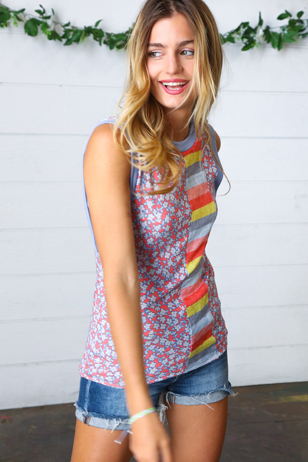 Coral & Denim Stripe Floral Print Tank Top