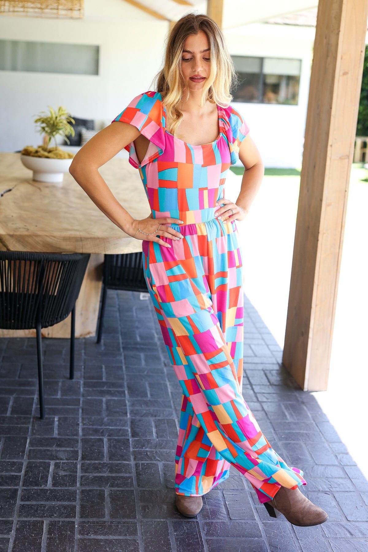 Scarlet & Aqua Geometric Print Wide Leg Jumpsuit