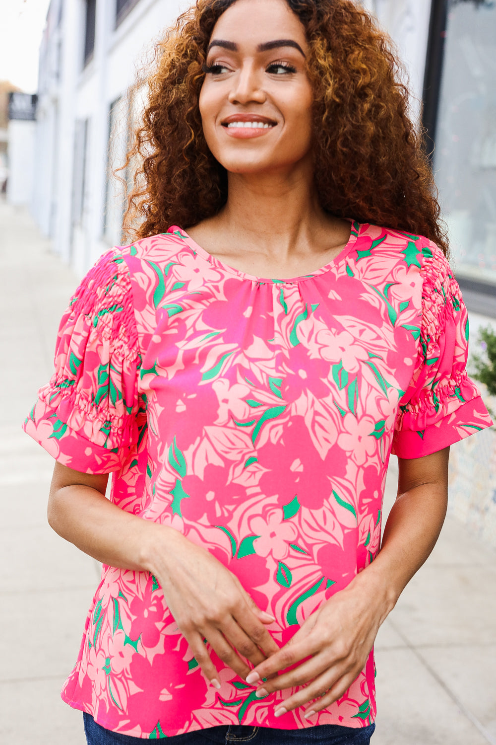 Vacay Vibes Floral Back Keyhole Short Smocked Banded Sleeve Top