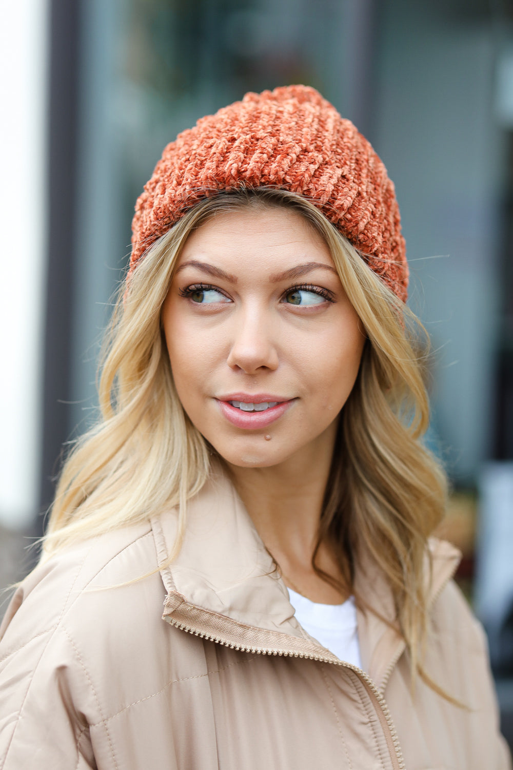 Rust Knit Velvet Chenille Fold Over Beanie