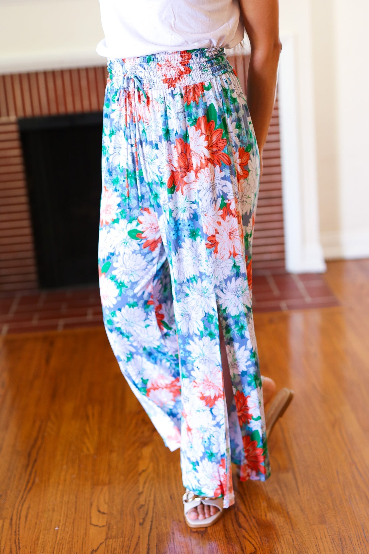 Vacay Vibes Green Floral Smocked Waist Side Slit Palazzo Pants