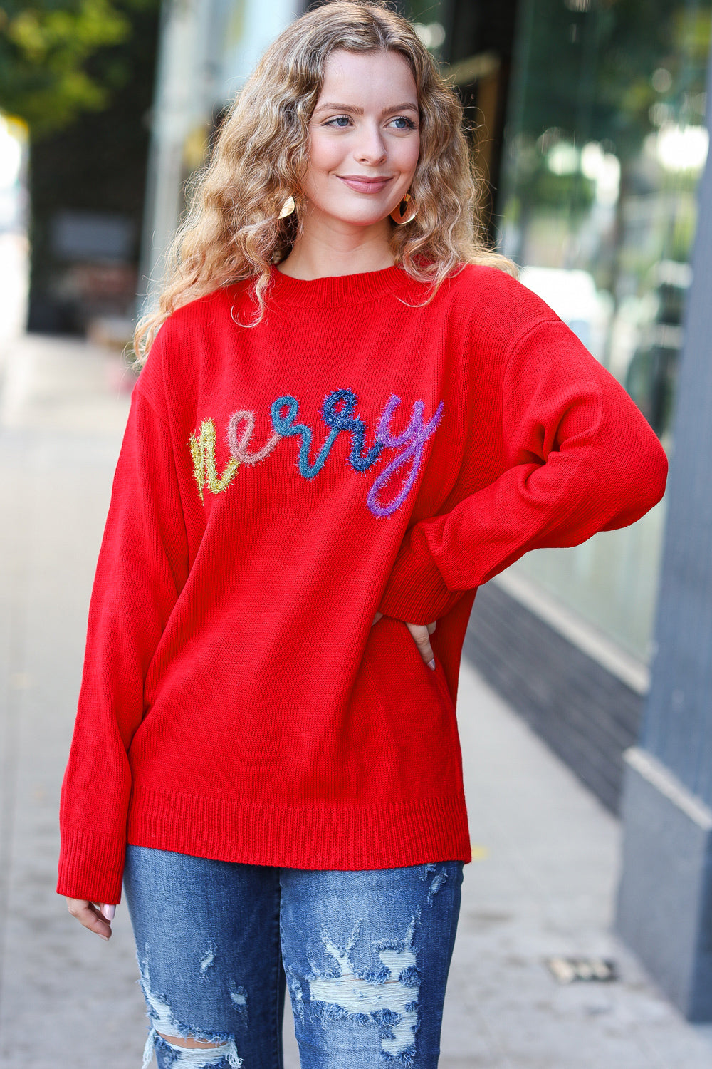 More The Merrier Red Pop Up Lurex Sweater