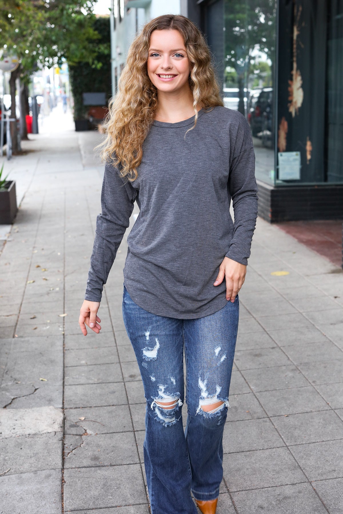 Casual Chic Solid Grey Fitted Long Sleeve Terry Pullover