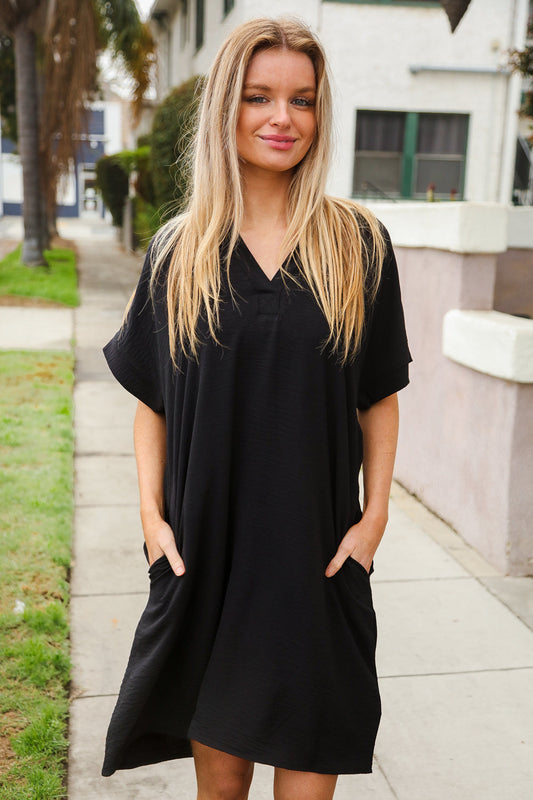 Casual Chic Black Woven Notched V Neck Dolman Sleeve Frock