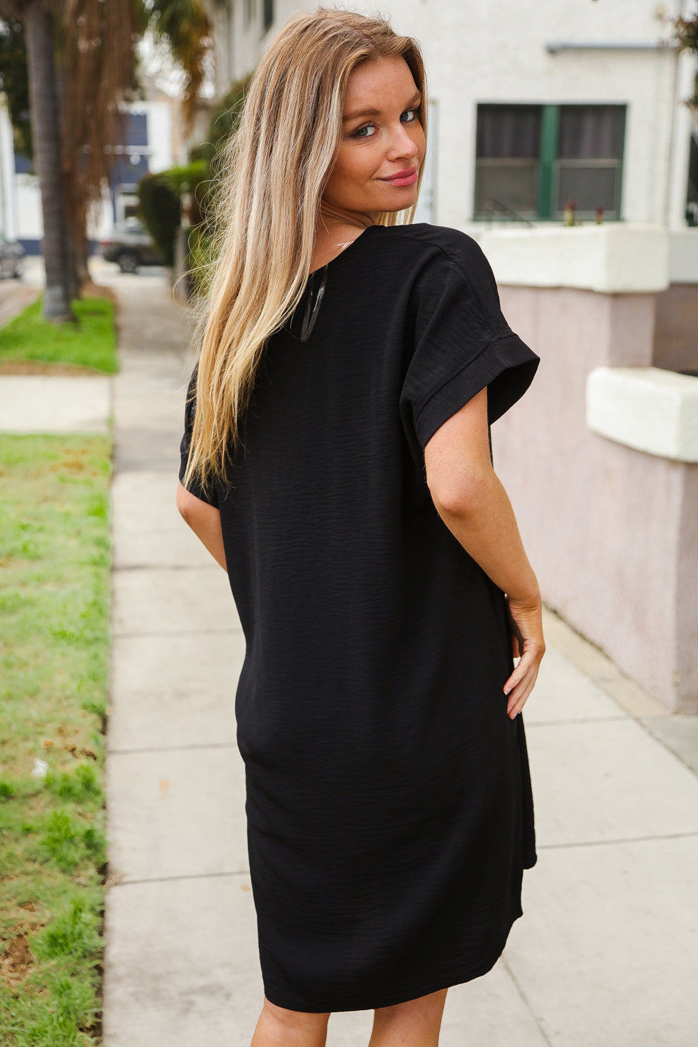 Casual Chic Black Woven Notched V Neck Dolman Sleeve Frock