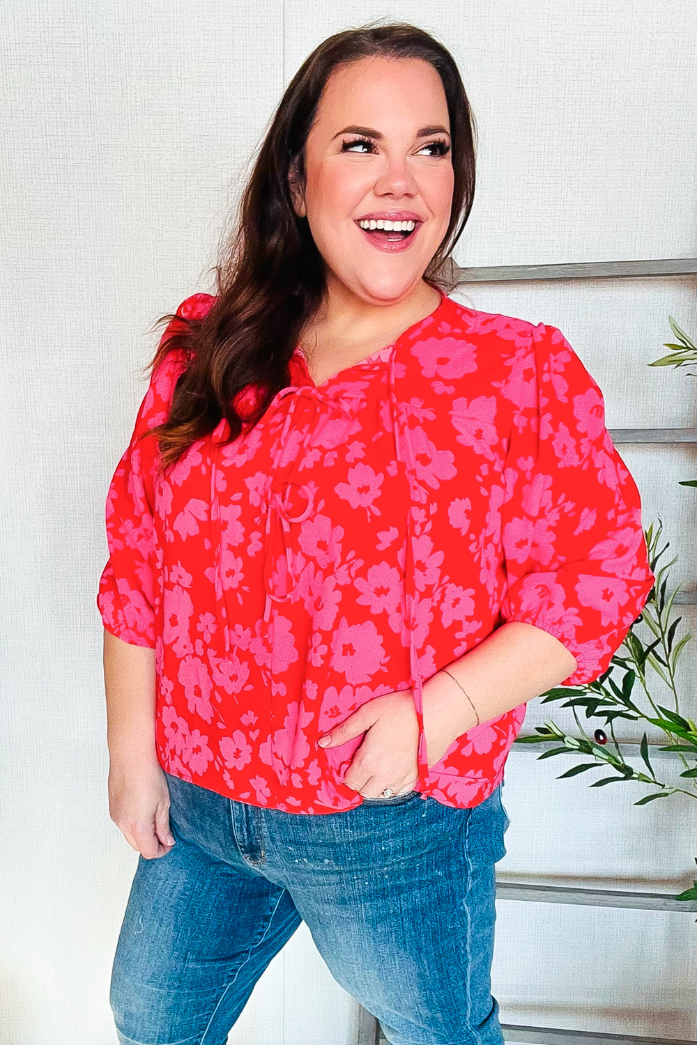 New Day Red Ribbon Bow Detail Floral Woven Blouse