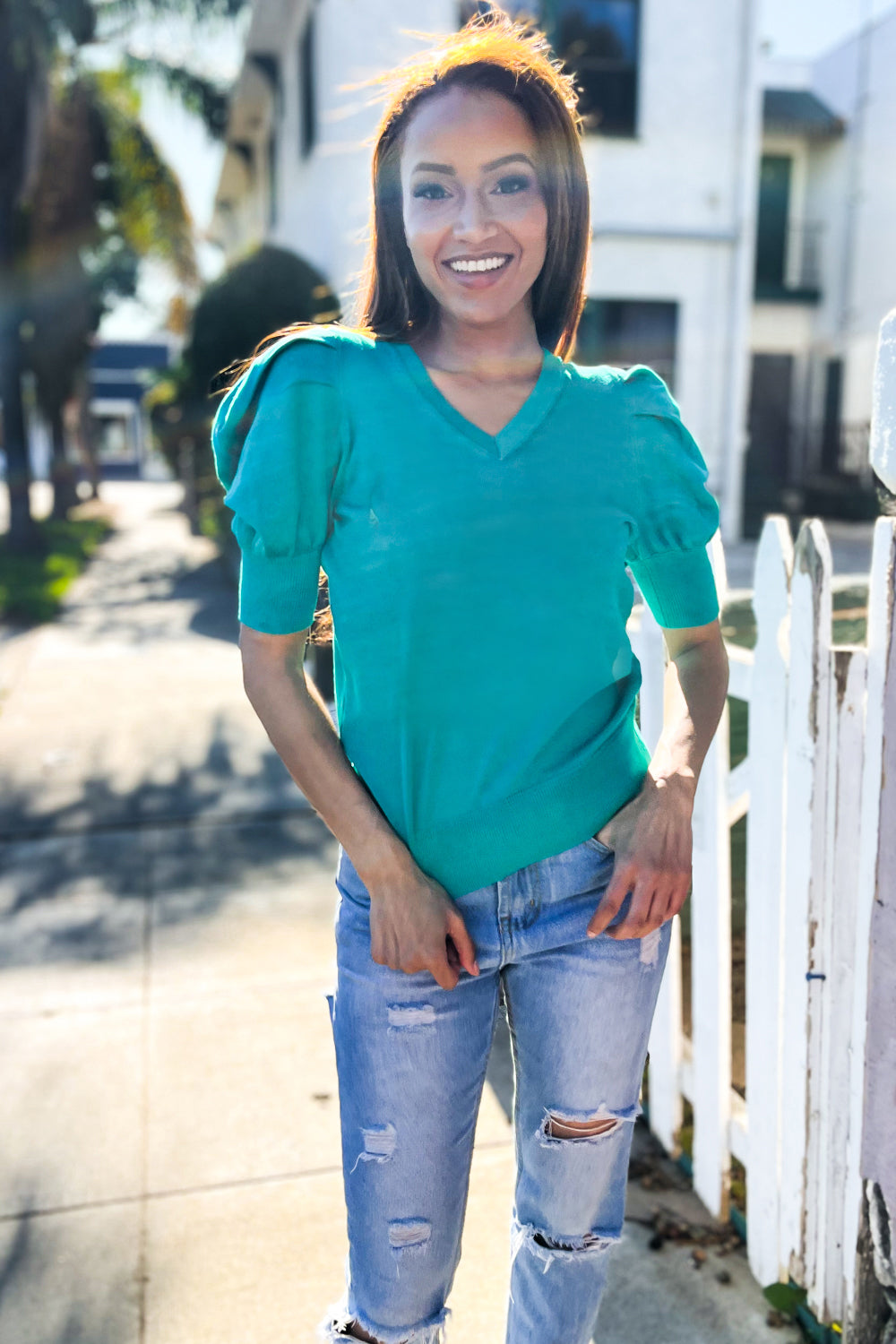 Be Bold Solid Emerald Shirred Puff Sleeve Sweater Top