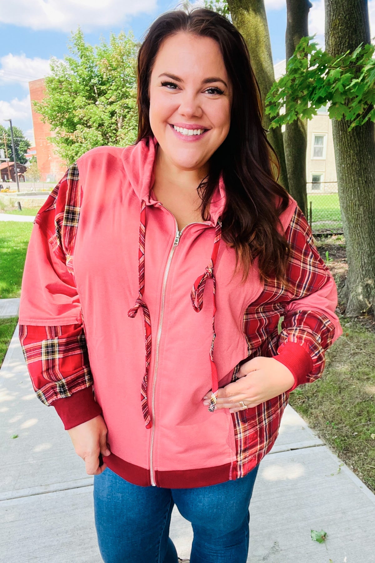 Adorable in Marsala Plaid Color Block Zipper French Terry Hoodie