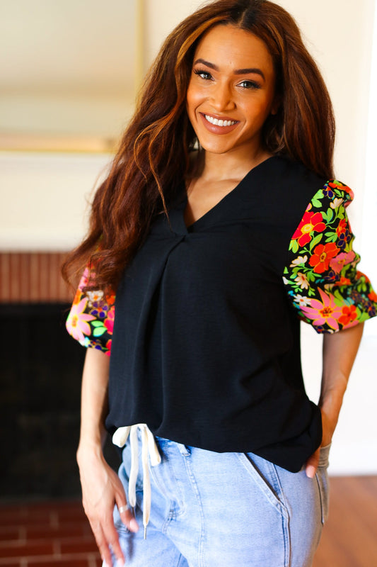 Eyes On You Black Floral Puff Sleeve V Neck Top